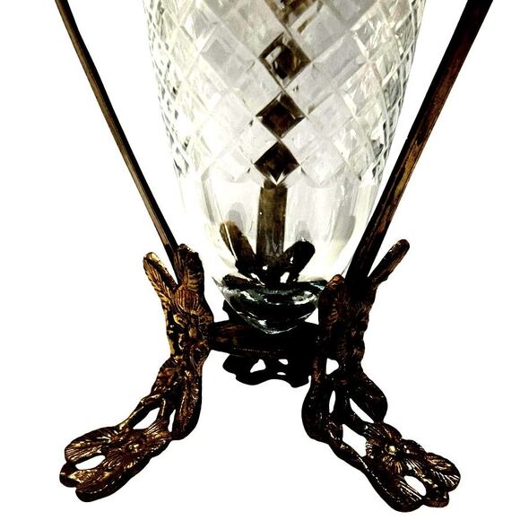 Intricate Ornate Floral Brass Stand Diamond Pattern Clear Glass Flared Cone - Picture 3 of 6
